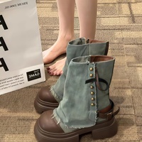 Bottes en jean patchwork pour femme avec revers cousus, collection automne 2026, talon épais, style décontracté, pour l'automne post-apocalyptique