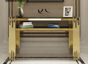 Meubles de salon, table d'entrée, table <span class=keywords><strong>console</strong></span> en <span class=keywords><strong>acier</strong></span> inoxydable doré et <span class=keywords><strong>verre</strong></span> noir pour la maison et l'hôtel - Product Image 4
