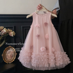 Abito da Principessa Senza Maniche per Bambine con Fiori 3D, Tessuto Morbido in Misto Cotone-Poliestere, Stile <span class=keywords><strong>Dolce</strong></span> ed Elegante, Ideale per l'Uso Quotidiano - Product Image 2