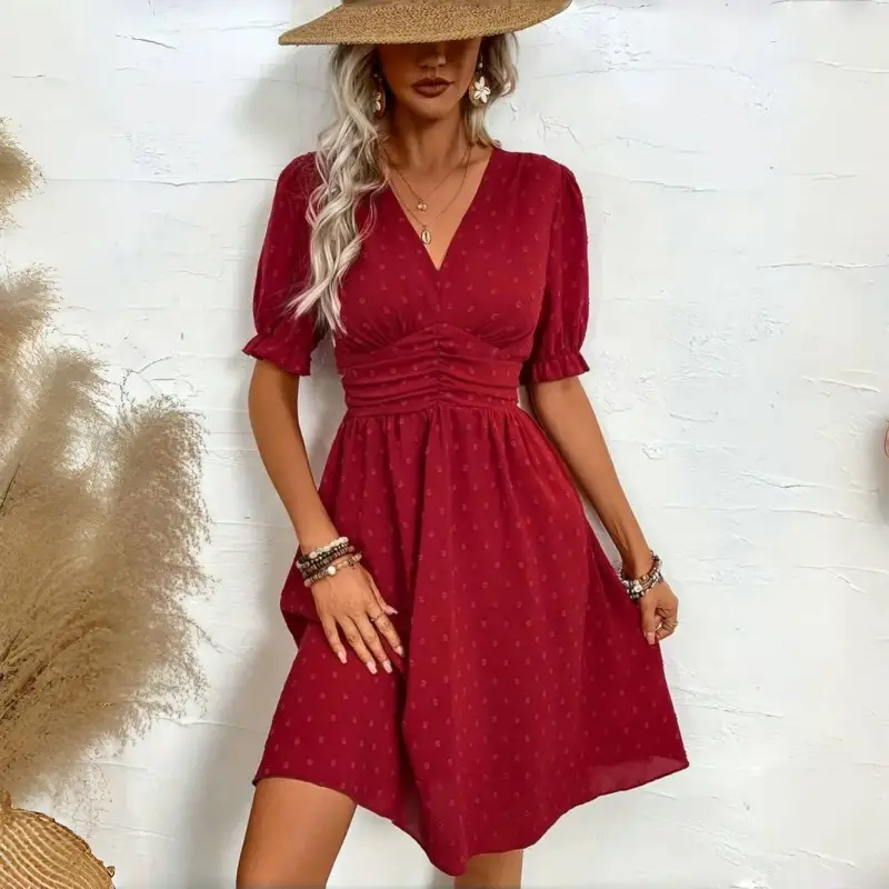 Vestido casual feminino de verão com decote em V bolinhas suíço elegante, vestido curto de manga sólida com babado, à venda