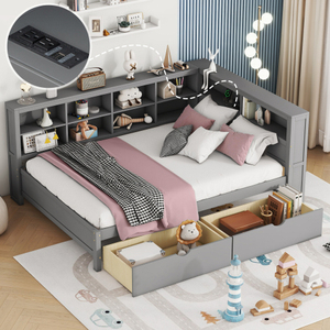 Modern Wooden Full Size DayBed with 2 Drawers, DayBed with Storage Shelf and USB Charging Ports,Grey - Product Image 2