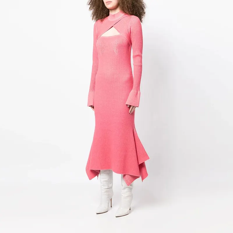 Bubblegum pink cutout rib-knit dress cross strap detail knit dress asymmetric hem