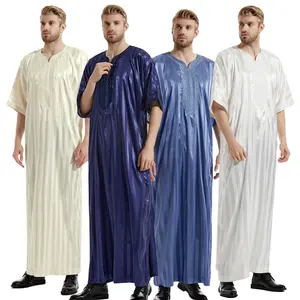 Haute qualité arabe maroc Thobe hommes musulman Thawb Caftan rayé à manches courtes brodé hommes Daffah Thobe