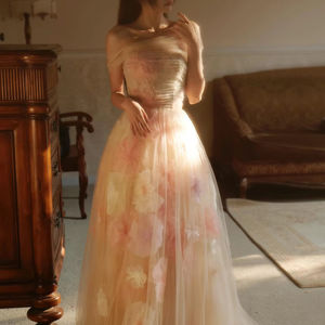 ชุดราตรีแชมเปญลายดอกไม้สีชมพูเปิดไหล่และ Lsz321-1<span class=keywords><strong>สาย</strong></span>รัดยาวสไตล์อาหรับสำหรับงานแต่งงาน - Product Image 1