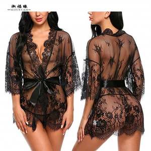 SFY2304 Wholesale Mature Bedroom Costume See Lace Robe for Women Sexy Solid Color Kimono Robe Lingerie Light Control Breathable - Product Image 2