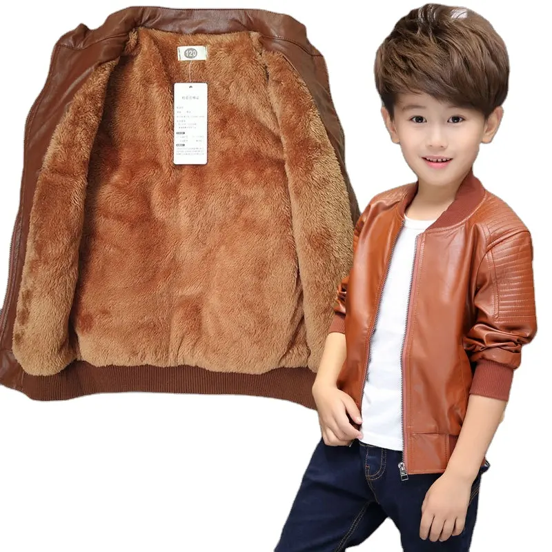 Chaquetas de cuero de estilo coreano para niños, chaqueta de cuero grueso con relleno de terciopelo, Color sólido, para exteriores, otoño
