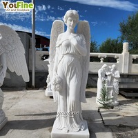 Statue d'ange féminin ailé en marbre blanc sculpté à la main, tenant un bouquet de fleurs, pour jardin commémoratif, cimetière, villa, propriété, décoration extérieure