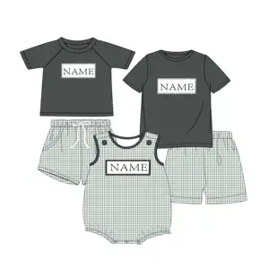 Summer children's smock clothing collection Boutique embroidered grey series baby boys shirts and short garments