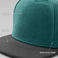 Casquette de baseball personnalisable vierge à visière plate, 6 panneaux, snapback, en daim, bleu sarcelle et gris anthracite, réglable, pour le sport, vente en gros, OEM, faible MOQ