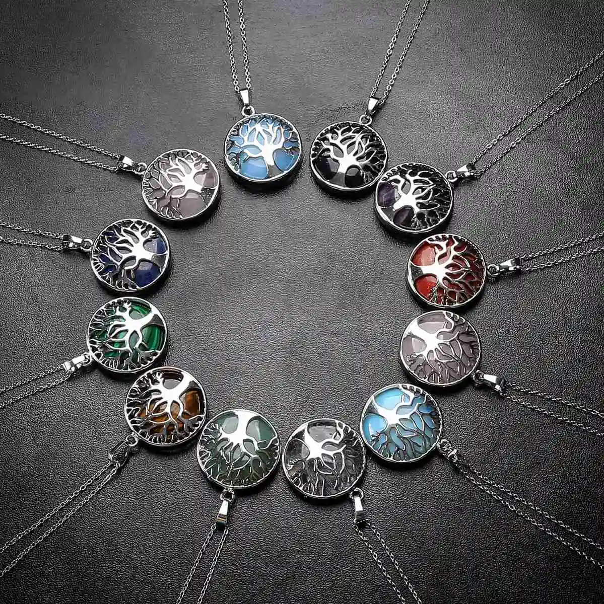 Handmade Tree of Life Healing Stone Pendant for Necklace Handmade Round Silver Alloy Gemstone Crystal Pendant Charm Jewelry