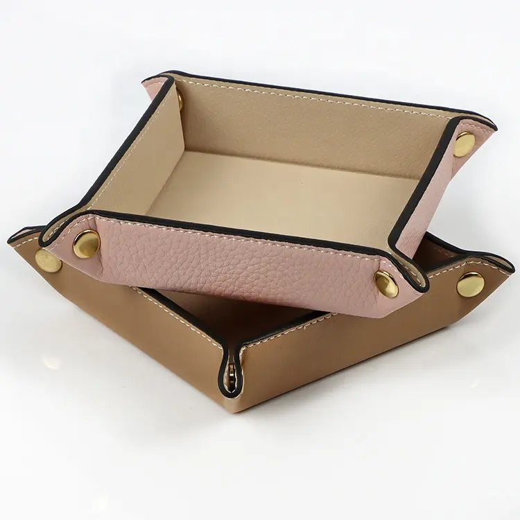 Fast Delivery In Stock Foldable Desktop Storage Vegan Leather Tray Small Brown And Pink PU Leather Valet Tray Organizer