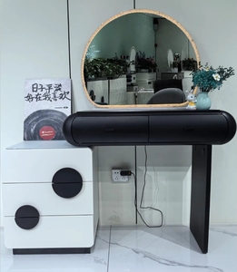Wholesale Simple Style Bedroom Dressing Furniture LED Round Mirror Makeup <b>Vanity</b> Desk With Storage Drawers And Stool - Product Image 1
