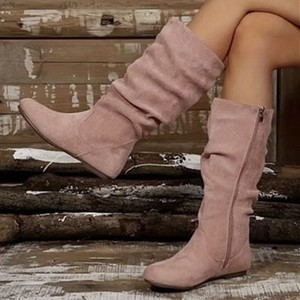 Plus Size Mid-Calf Boots Women Autumn Winter New Slip-On Pleated Slouch <b>Flat</b> Pu Upper Rubber Outsole Solid Round <b>Toe</b> Shoes - Product Image 5