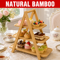 Support de service à 3 niveaux en bambou avec plateaux amovibles - Présentoir pliable en bois pour desserts et cupcakes, idéal pour fêtes, mariages et buffets