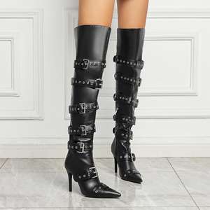 Botas de estilo europeo americano, sexys, para fiestas y discotecas, con cremallera, punta en pico, por encima de la rodilla, de caña larga, para otoño e invierno - Product Image 4