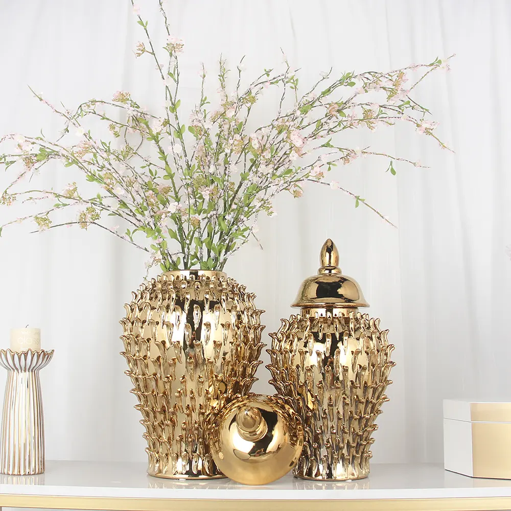 J234 Home Decor Luxe Goud Durian Vorm Vaas Uniek Ontwerp Tafeldecoratie Keramische Gember Pot Sets Groothandel