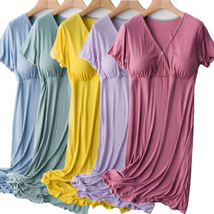 Femmes manches courtes bouton <span class=keywords><strong>allaitement</strong></span> <span class=keywords><strong>nuisette</strong></span> rayures <span class=keywords><strong>maternité</strong></span> <span class=keywords><strong>allaitement</strong></span> robe Hamile Gecelik <span class=keywords><strong>maternité</strong></span> chaud pyjamas vêtements de nuit - Product Image 1
