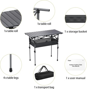 Table pliante réglable en hauteur avec filet de rangement et sac, légère, pour le camping en plein air - Product Image 3