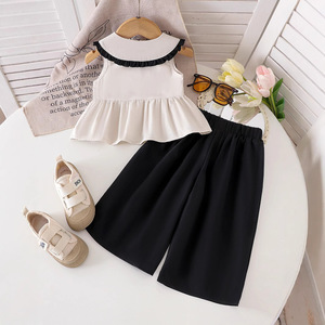 2025 verano niños usan sin mangas solapa camisa de un solo pecho pantalones de pierna <span class=keywords><strong>ancha</strong></span> <span class=keywords><strong>ropa</strong></span> de dos piezas para niños para niñas - Product Image 2