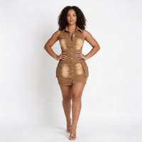 Robe Courte en Jean pour Femme, Style Western, Lavage Sand Wash, Sans Manches, Boutonnée, avec Poches 3D