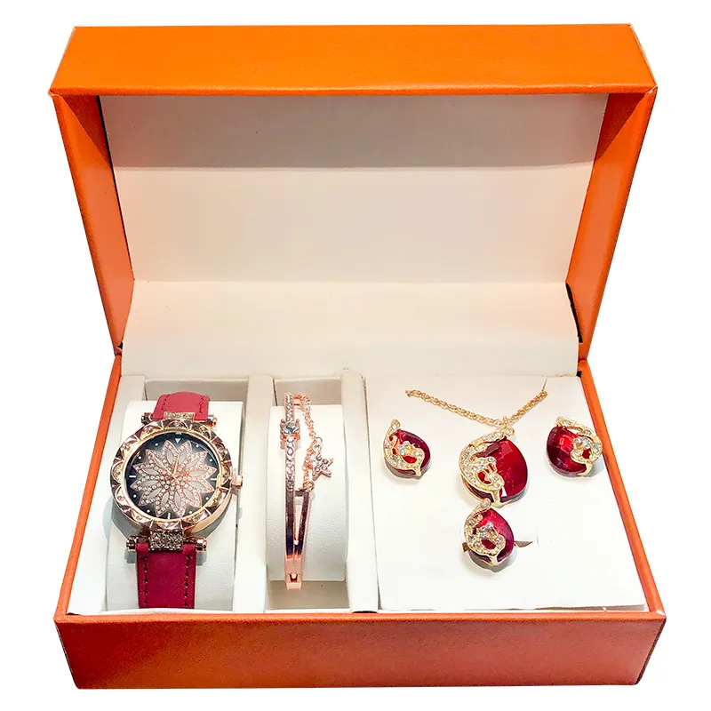Latest Design Sky Flower Dress Watches Bracelet Stud Earring Necklace Set Leather With Diamonds Rotate Dial Female Watch