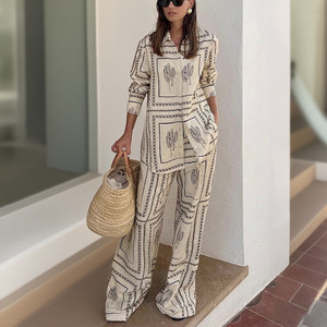 Completo Donna Estivo Chic Due Pezzi con Pantaloni Camicia a Maniche Lunghe con Revers e Pantaloni a Gamba Larga Elegante da Ufficio - Product Image 1