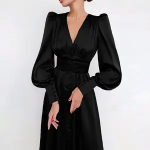 Gute Qualität Neuankömmling Retro High Waist Laterne Langarm Frauen Kleid