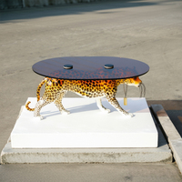 JINGYUE BJ240 Sculpture de léopard grandeur nature personnalisée en usine, table basse en résine avec plateau en verre trempé, art animalier écologique