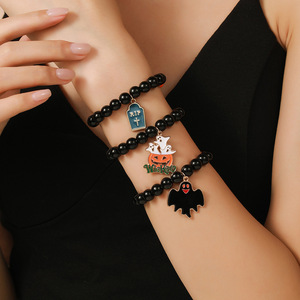 Halloween Cartoon <b>Beaded</b> <b>Bracelet</b> Set Black Elastic Rope Three Strand Party Jewelry Pumpkin Ghost Skull Charm <b>Bracelets</b> - Product Image 2