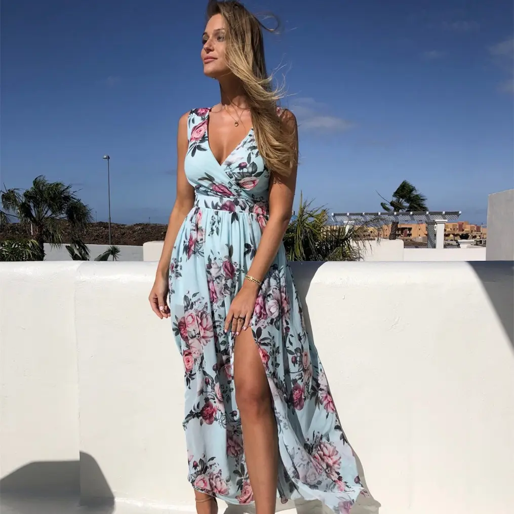 Maxi vestido longo boêmio feminino, decote em v floral chiffon estiloso verão 2023