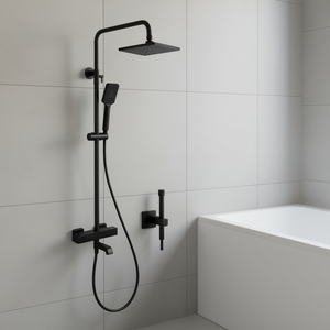 Juego de grifería termostática para ducha de lluvia cuadrada de 8 pulgadas en negro mate con rociador de mano, caño para bañera y barra deslizante ajustable en altura - Product Image 2