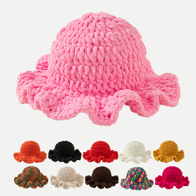 Wholesale Customlogo Winter Hot Sale Handmade Chunky Knit Wave Brim Bucket Hat Warm Beanie