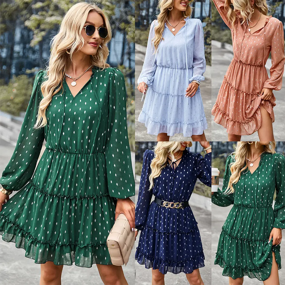 New Style Multiple Women's Spring Summer Clothing Sexy Lace-up V-neck Casual Dress Long-sleeved A-line Dot Printed Mini Dress