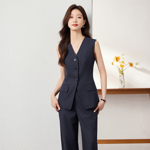 Women's V Neck Sleeveless Vest Set Solid Color Polyester Breathable Office Wear - Product Image 4