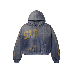 Completo da jogging vintage <span class=keywords><strong>taglie</strong></span> <span class=keywords><strong>forti</strong></span> con cerniera, design strappato, stile hip-hop street, pantaloni a zampa larghi e felpa con cappuccio, 100% cotone, direttamente dalla fabbrica - Product Image 2