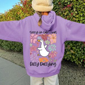 Sudadera con capucha divertida y linda para mujer, con estampado de flores y pato Kawaii, de forro polar, para uso casual. - Product Image 3