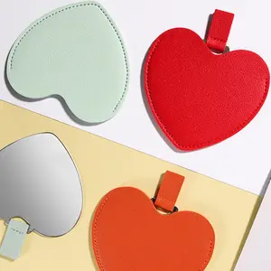 Cute Heart Shape Stainless Steel Leather Mirror For Women Girls Student Gift Portable Pocket Round Mirror