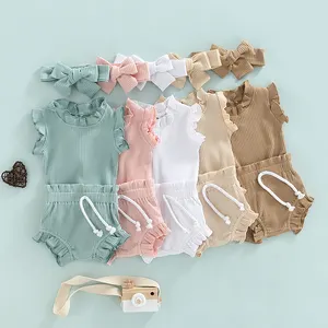 2024夏の幼児幼児の赤ちゃんの女の子3個の服セットソリッドリブコットンフリルロンパースバミーブルーマーヘッドバンド衣装