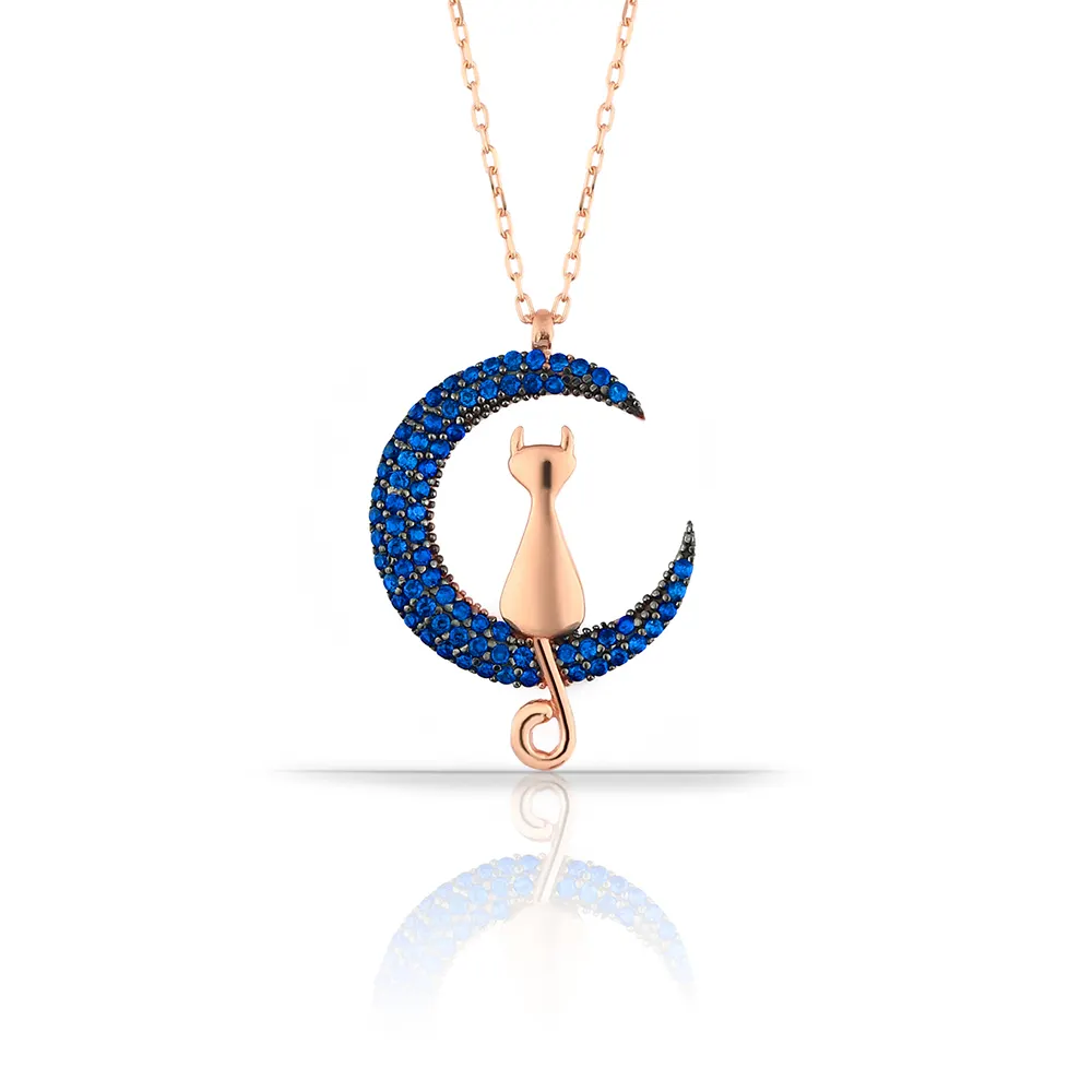 2020 New Trend Gold Plated Cubic Zirconia 925 Sterling Silver Cat and Moon Pendant Necklace Jewelry