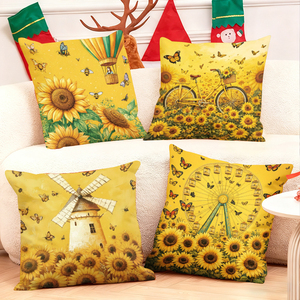 Bantal dekoratif bertema bunga matahari dengan desain balon udara, sepeda, kincir angin, dan bianglala - Product Image 1