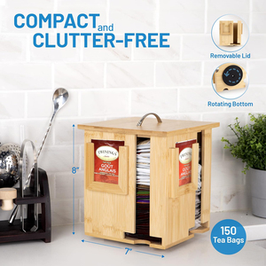 Bamboo 4 Compartments Rotating Stand <strong>Tea</strong> Organizer Wood <strong>Box</strong> <strong>Tea</strong> Bag Storage Container with Lid and Handle - Product Image 2