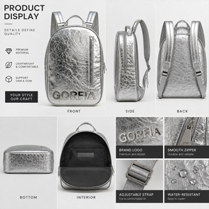 Mochila de Piel Sintética Metálica para Mujer, Mini Bolso de Viaje, Textura Arrugada Plateada, Bolso de Hombro Casual, OEM, ODM, Logotipo Personalizado - Product Image 3