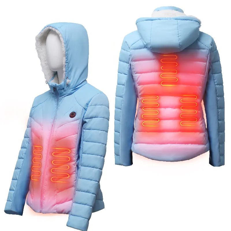 女性の冬のスカイブルーフグジャケットUSB加熱ジャケット電気コートジッパークロージャー競争力のある価格ダックスタンド生地