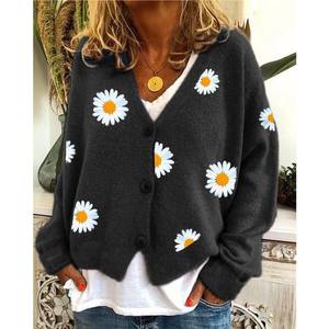Maglione lavorato <span class=keywords><strong>a</strong></span> maglia multicolore con scollo <span class=keywords><strong>a</strong></span> V <span class=keywords><strong>a</strong></span> manica lunga maglione ricamato <span class=keywords><strong>a</strong></span> <span class=keywords><strong>fiori</strong></span> <span class=keywords><strong>Cardigan</strong></span> da donna - Product Image 4