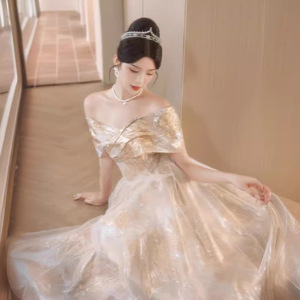 S1708R 2025 New Fashion High Quality Gorgeous fairy <b>Sequin</b> champagne Gold One Shoulder Evening Dress - Product Image 4