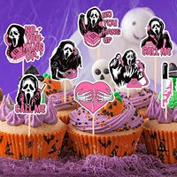 Décorations de gâteaux d'Halloween : Pics à cupcakes fantômes roses d'horreur, toppers de gâteaux d'Halloween sur le thème des tueurs pour décorations de gâteaux de fête d'Halloween