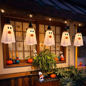 Décorations d'Halloween Fantômes Lumineux Suspendus, Ornements Chapeau de Sorcière en Tissu pour Bar, Magasin, Fête, Scène - Product Image 4