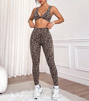 Pakaian Olahraga Wanita Motif Leopard Tanpa Jahitan, Logo Kustom, Pinggang Tinggi, Angkat Bokong, Set Yoga Fitness Gym