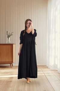 Robe longue en lin/coton tricotée pour femme, manches courtes, col en V, coupe droite, taille naturelle, coupe trapèze, lavable, respirante, décontractée, pour les fêtes - Product Image 1