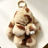 Mini pendentif lapin en vraie fourrure de lapin Rex imprimé léopard, lapin à oreilles tombantes en pose décontractée, boutons de manchette, nouveau style sportif quatre